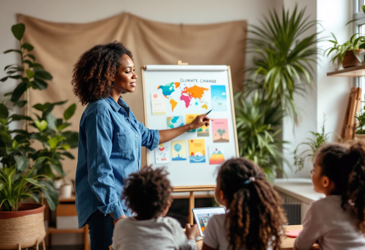 image of volunteer teaching children