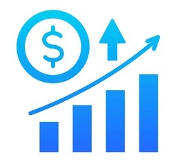 Blue icon of a growing bar chart with an upward arrow and a dollar sign in a circle indicating financial growth.
