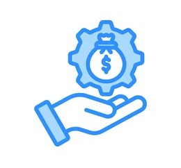 Blue hand icon holding a gear with a money bag symbol inside, representing financial management or working capital.