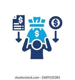 Illustration of a person holding a large money bag with dollar symbols and downward arrows indicating financial burden.