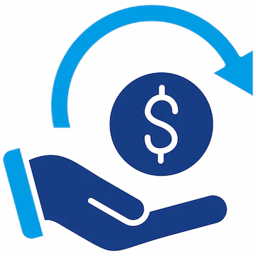 Blue hand icon holding a dollar symbol with a curved arrow indicating money return or refund.
