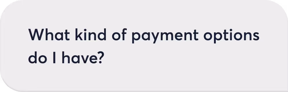 Text displaying the question 'What kind of payment options do I have?' in bold black font on a rounded light gray background.