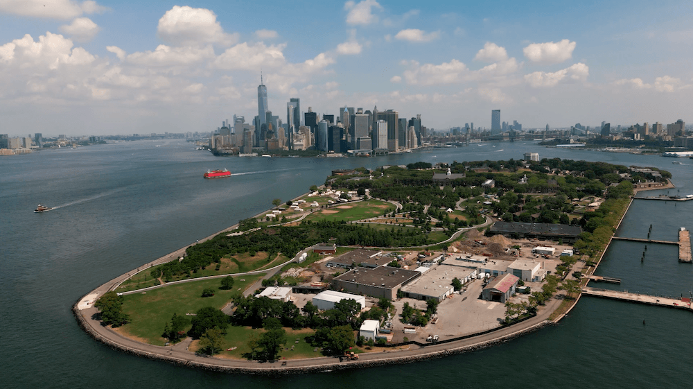 Aerial view of Governors Island with the Lower Manhattan skyline beyond