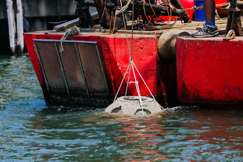 Reef ball suspended from rope slings being lowered into the water from a red barge