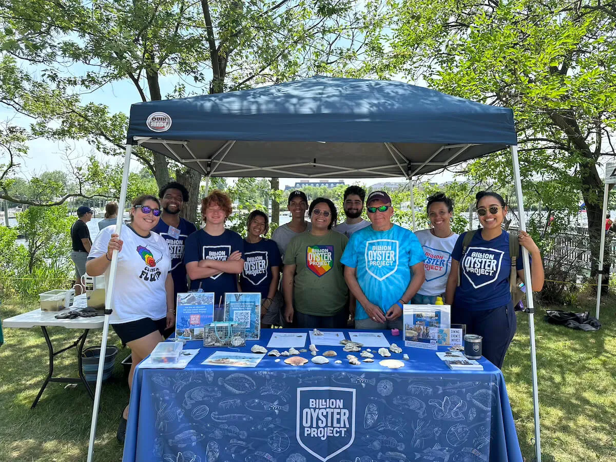 Billion Oyster Project team at an outreach tent with oyster shells on display
