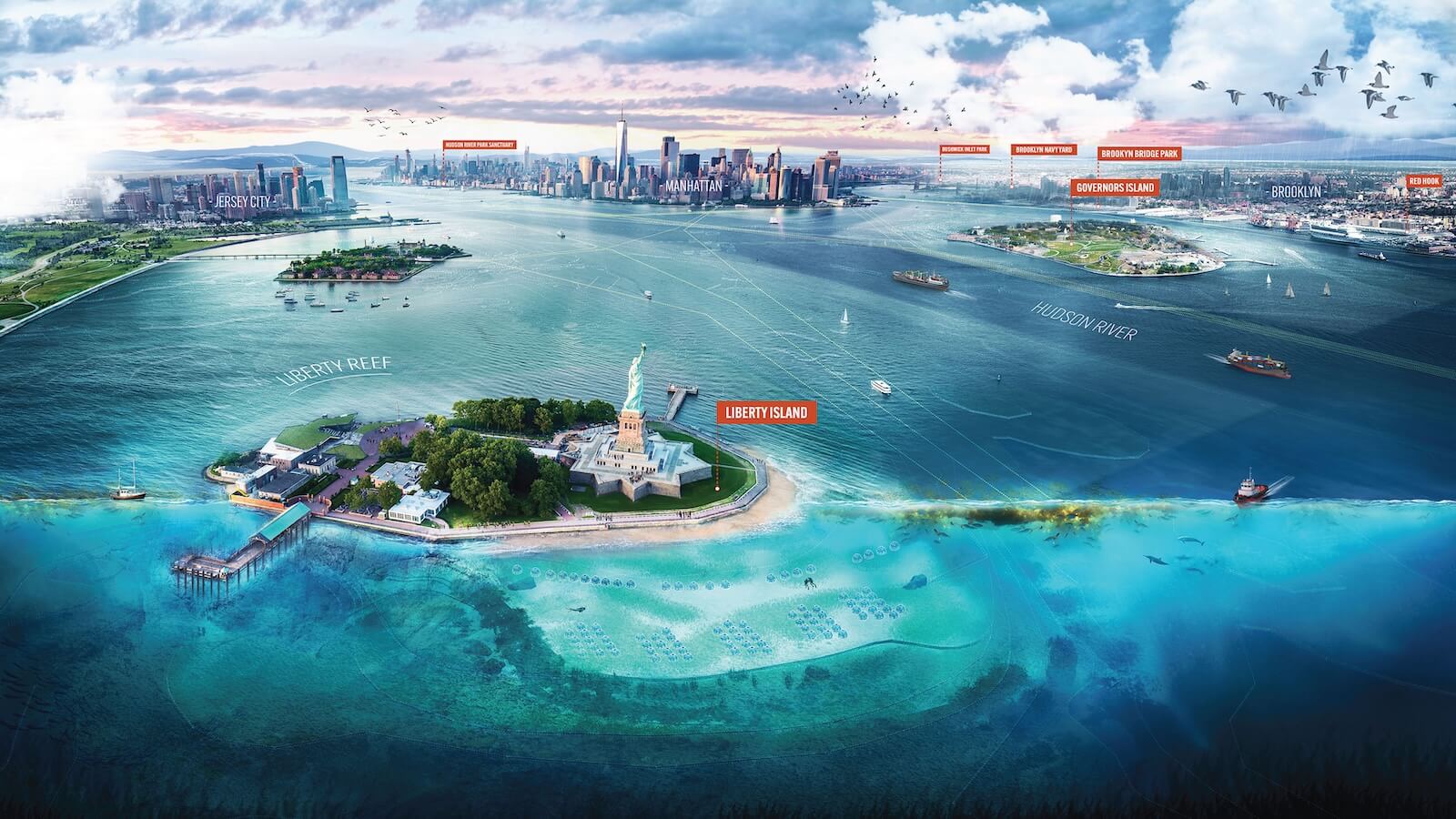 Illustrated aerial rendering of Liberty Reef surrounding the Statue of Liberty in New York Harbor