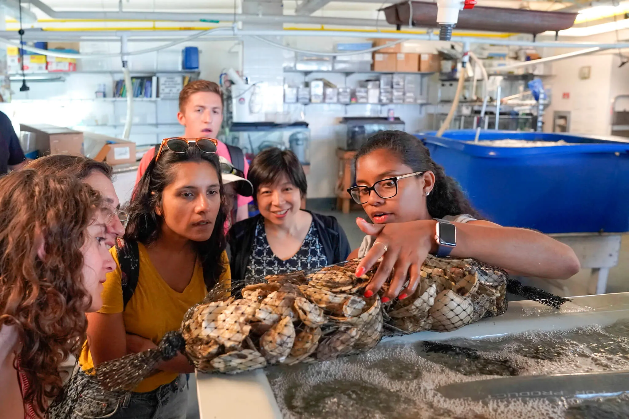 An educator shows visitors a mesh bag of oyster shells at a marine lab tank
