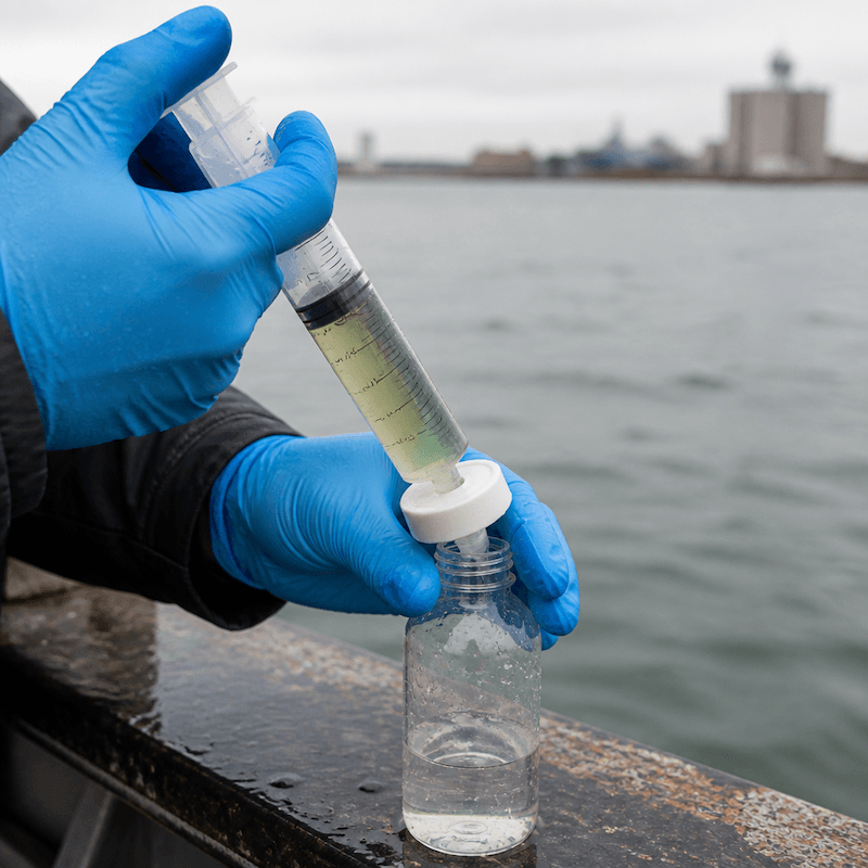 Gloved hands filter a harbor water sample for environmental DNA analysis