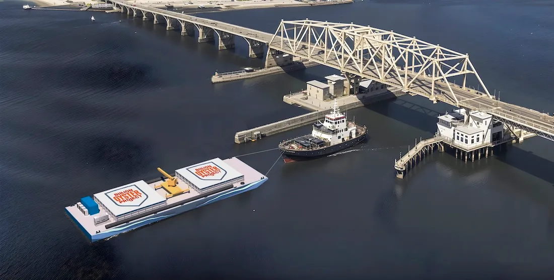 Concept rendering of a Billion Oyster Project reef barge being towed past a harbor bridge