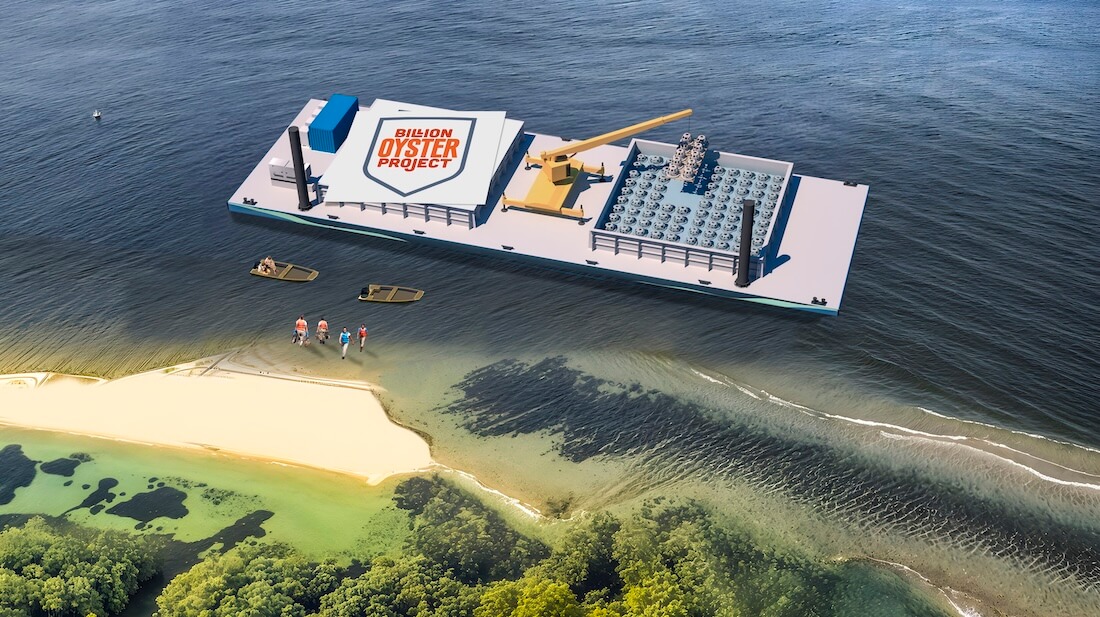 Aerial concept rendering of a Billion Oyster Project reef barge deploying reef structures near a shoreline