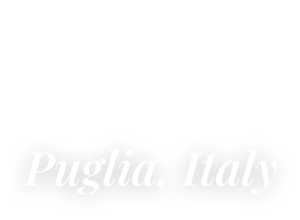 White silhouette of an amphora vase with flowers above the text 'Puglia, Italy' on a black background.