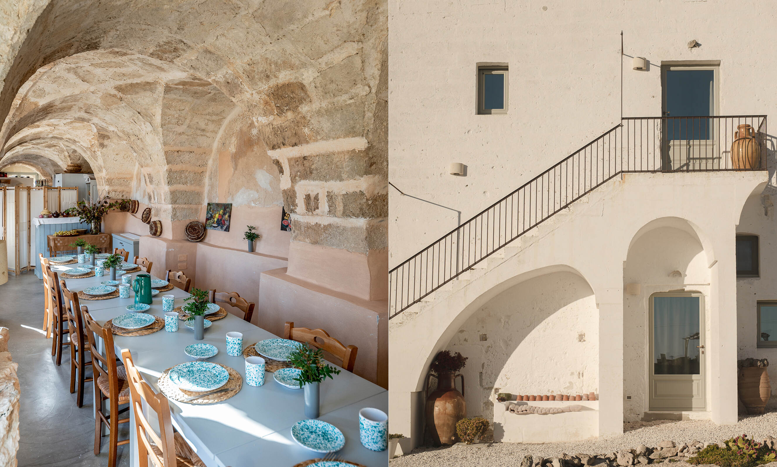 Left: Stone-arched rustic dining room set with a long table, wooden chairs, blue patterned plates, mugs, and small green plants in vases under a vaulted ceiling. Right: Exterior of white stucco building with arched entryway, staircase with metal railing, two doors, clay pots, and small windows, bathed in soft sunlight.