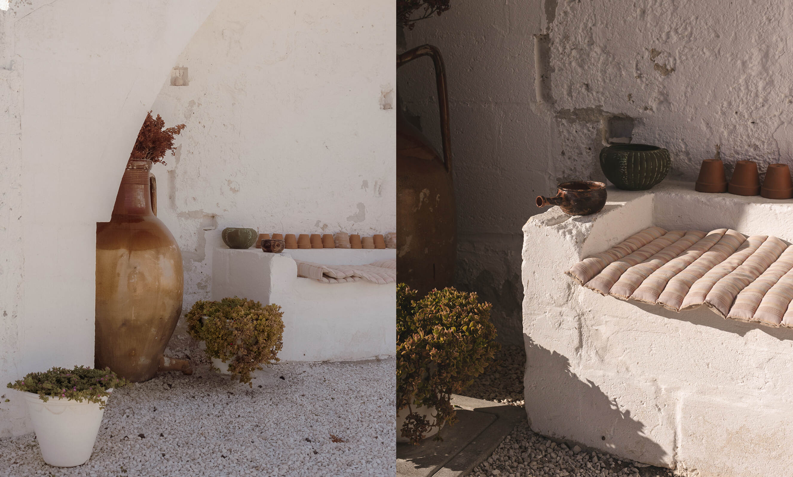 Two views of a rustic outdoor seating area with white textured walls and pebble ground, featuring a large gradient brown ceramic vase with dried flowers, two potted green plants, a white built-in bench with a striped cushion, terracotta pots, and small decorative ceramics arranged on the bench edges.