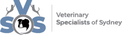 Veterinary Specialists of Sydney logo with large letters V SOS and a stylized cat and dog silhouette inside the O, separated by a vertical line from the text Veterinary Specialists of Sydney