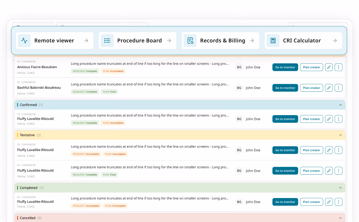 User interface showing medical procedure status with tabs for Remote viewer, Procedure Board, Records & Billing, and CRI Calculator, listing patient names, procedure statuses, and action buttons.