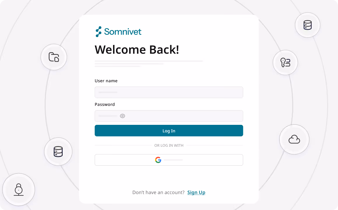 Somnivet login screen with fields for username and password, a Log In button, option to log in with Google, and a Sign Up link.