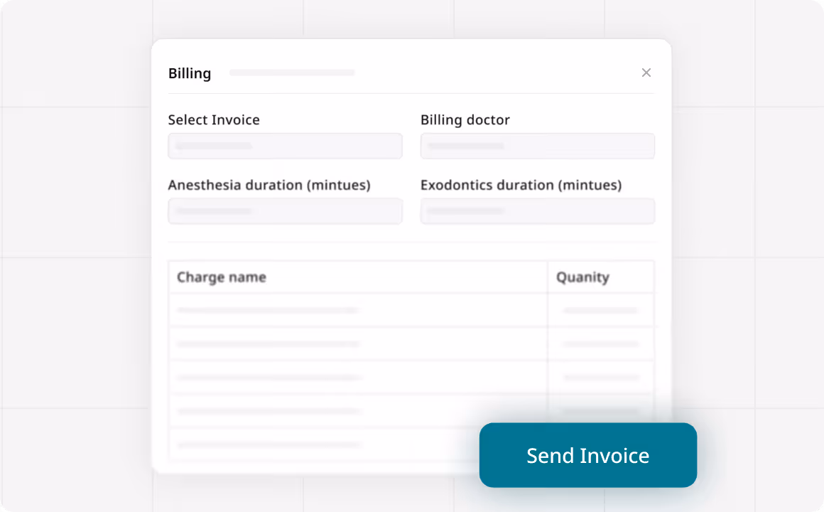 Billing form with fields for selecting invoice, billing doctor, anesthesia and exodontics durations, a table for charge names and quantities, and a Send Invoice button.