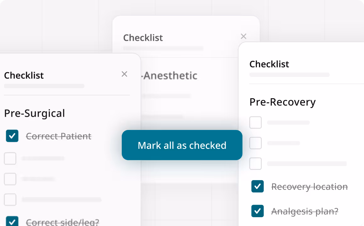 User interface showing medical checklists for Pre-Surgical, Anesthetic, and Pre-Recovery tasks with checkboxes, some checked and marked as completed.