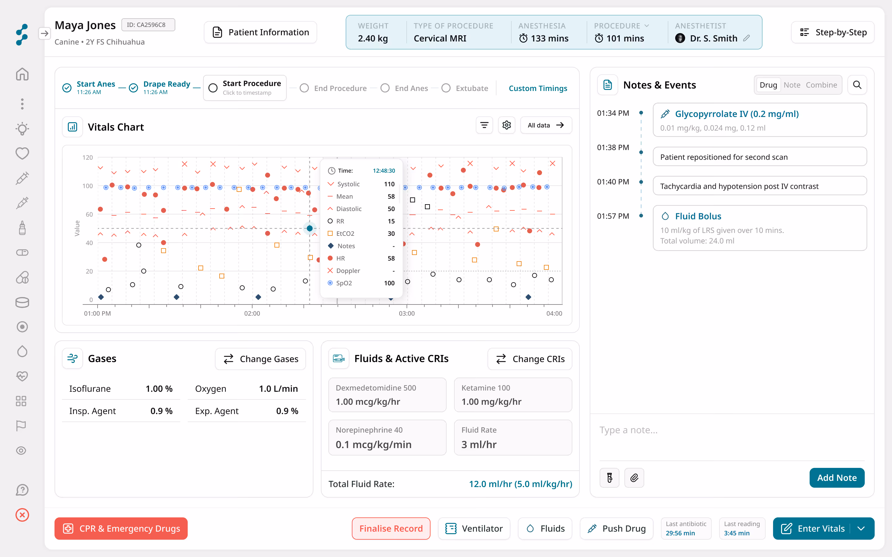 Veterinary anesthesia monitoring dashboard showing vitals chart with heart rate, blood pressure, oxygen saturation for a 2-year-old female chihuahua undergoing cervical MRI, alongside gases and fluid infusion rates and notes timeline.