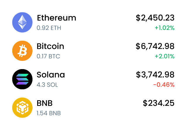 Multi-asset wallet balances for Ethereum, Bitcoin, Solana, and BNB