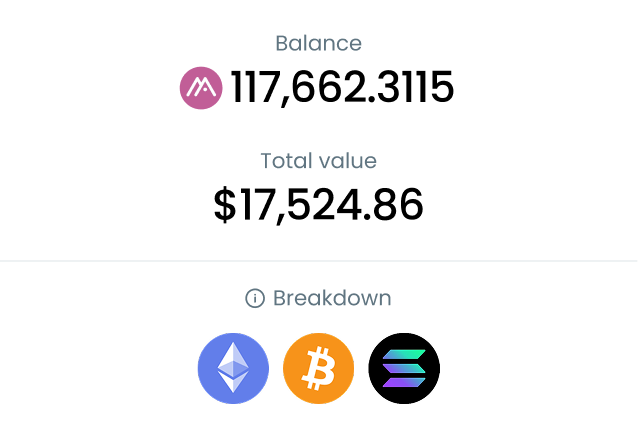 Wallet balance and total value with an Ethereum, Bitcoin, and Solana breakdown