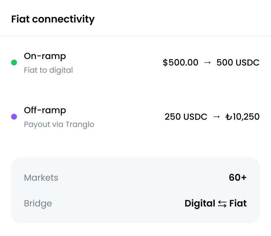 On-ramp and off-ramp flows converting between fiat and stablecoins via licensed partners across 60+ markets