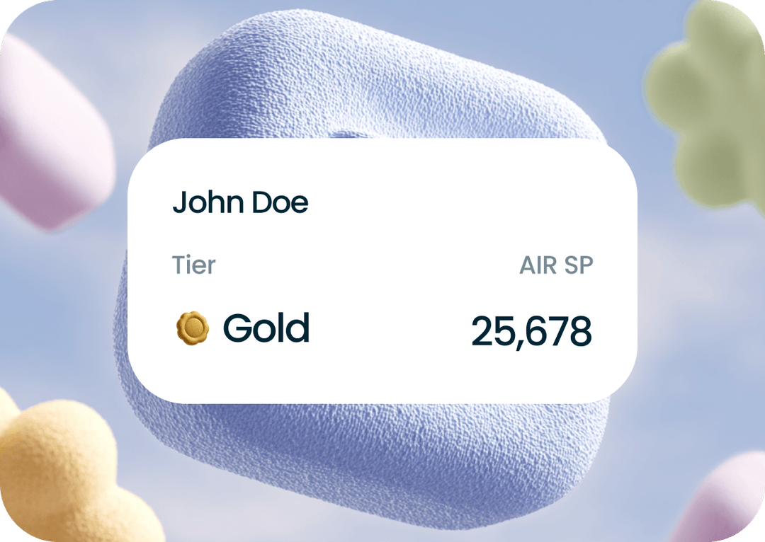 AIR Loyalty: a member card showing John Doe, Gold tier, 25,678 AIR SP