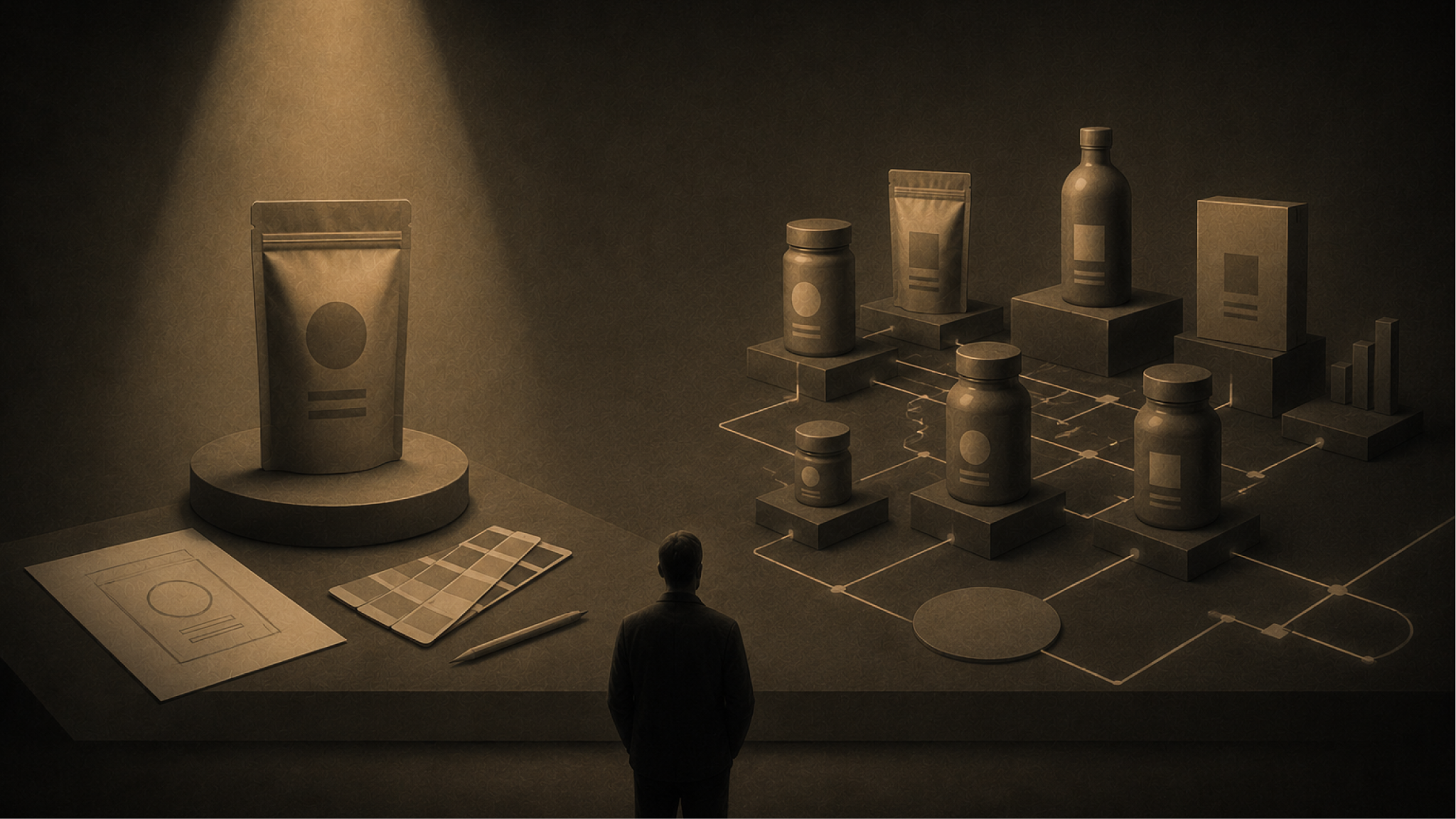 Packaging architecture visual showing a single package design system on one side and a connected product portfolio on the other, illustrating how packaging architecture governs consistency across multiple products and formats.