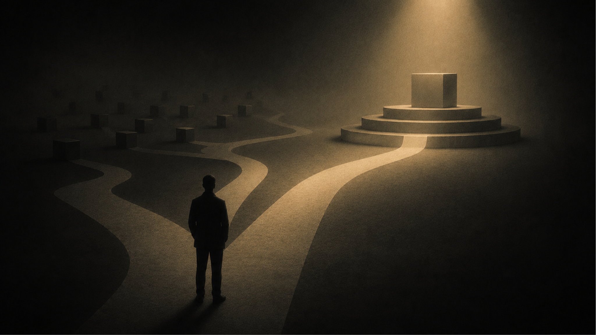 Multiple paths converge toward a single elevated destination, illustrating how effective brand positioning narrows strategic choices into one clear market direction.