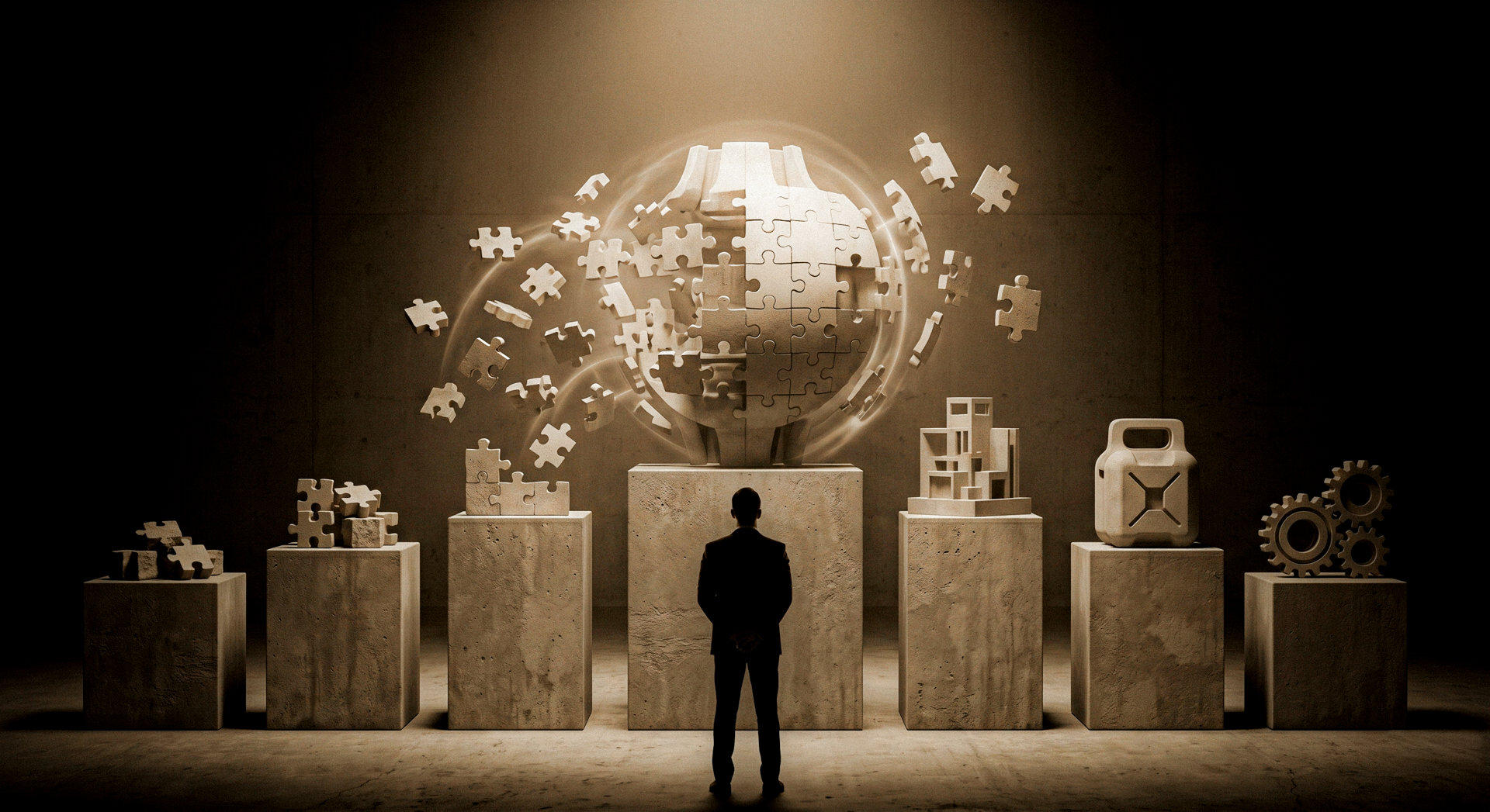 Design visualises the strategy. The floating puzzle pieces assembling into a central form symbolise how design translates clear thinking into coherent products, systems, experiences, and brand expressions.