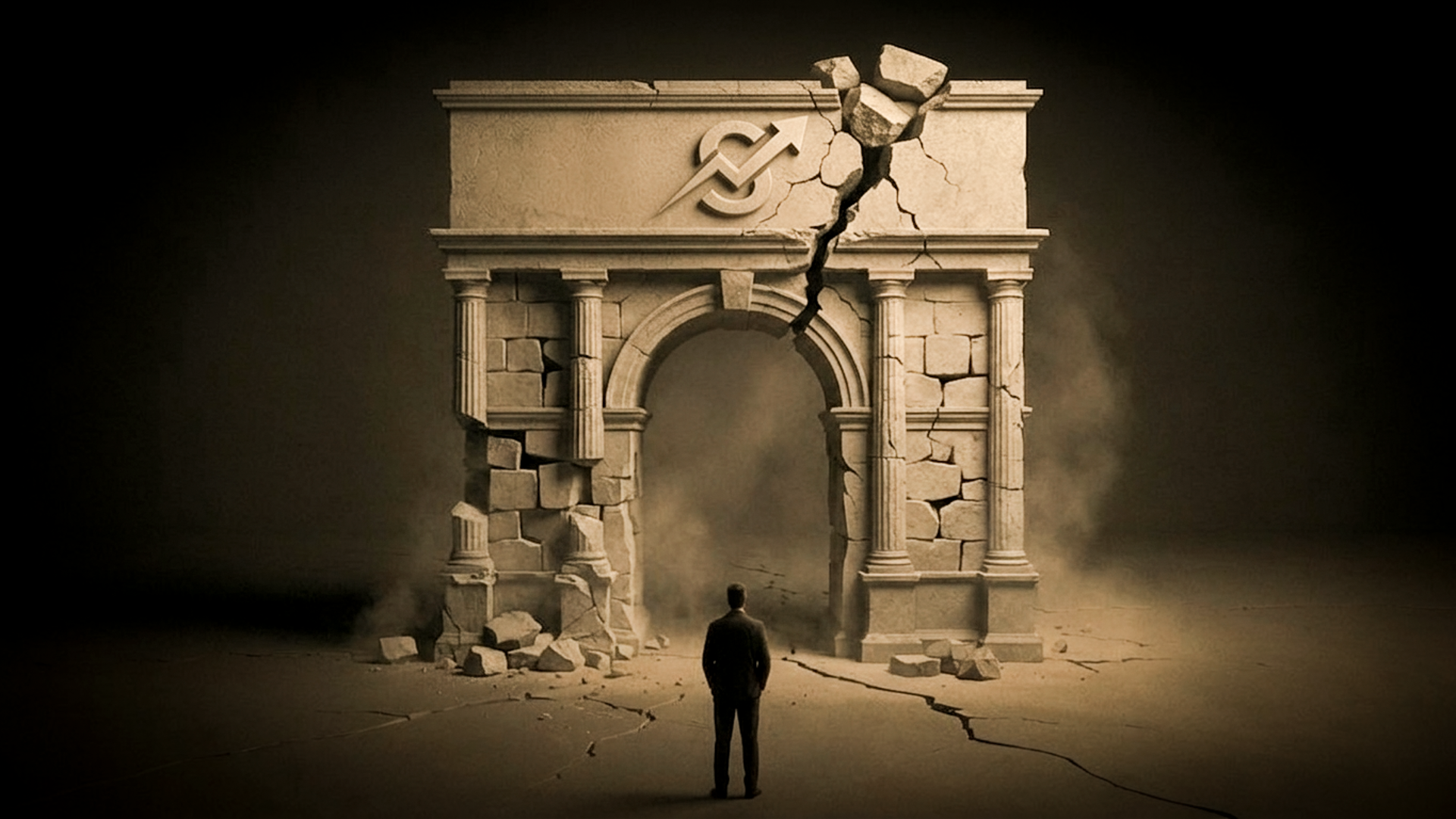 A crumbling stone archway symbolises a startup attempting to rebrand after foundational strategic cracks have already begun to undermine the business.