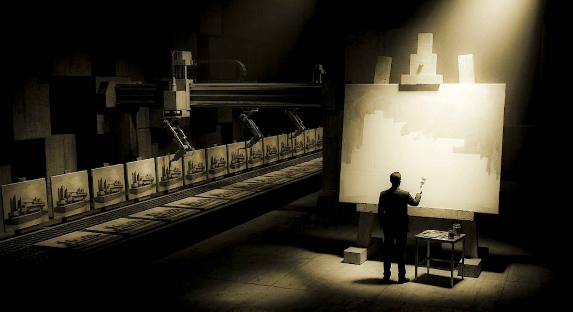 Comparison of mass-produced outputs and original creation, showing an automated production line replicating identical work while a lone creator develops a unique idea from a blank canvas.