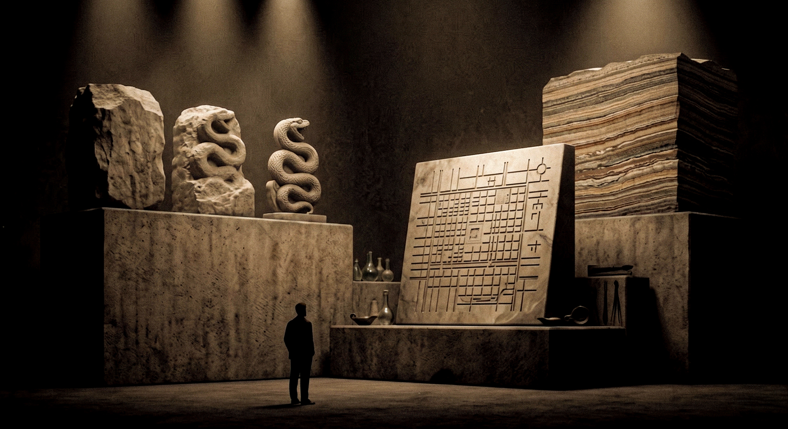 Stone sculptures, layered materials, and a carved system blueprint illustrate how strategic constraints and deliberate slowness transform raw inputs into enduring brand value.