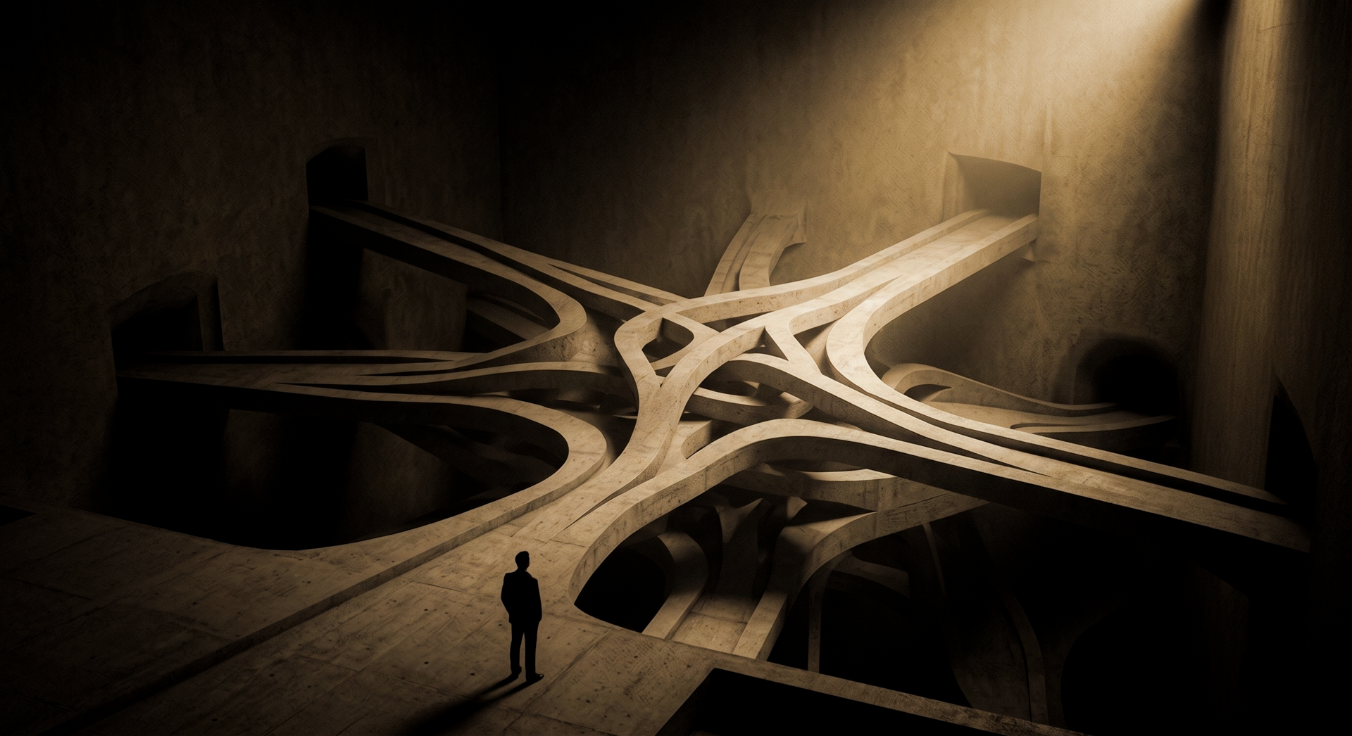 Interconnected pathways converging into multiple routes visualise a brand architecture decision matrix, showing how strategic choices shape relationships across an entire brand portfolio.
