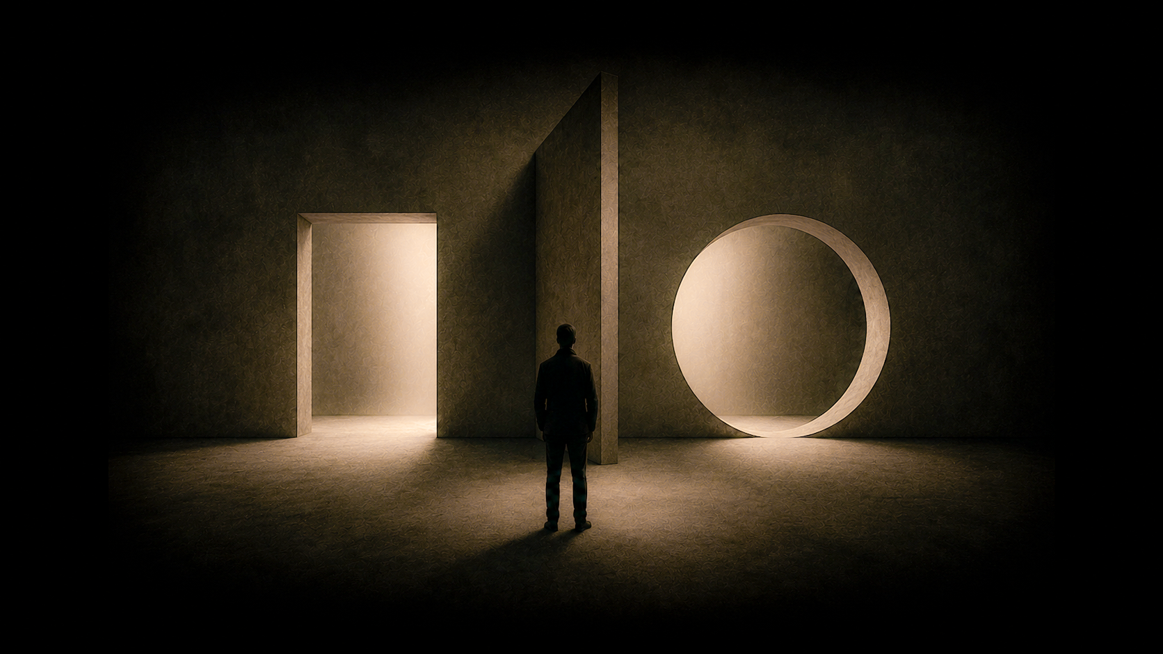 Abstract doorway, wall and circular opening illustrating the point where brand identity ends and brand strategy begins, symbolising the transition from visual expression to strategic meaning.