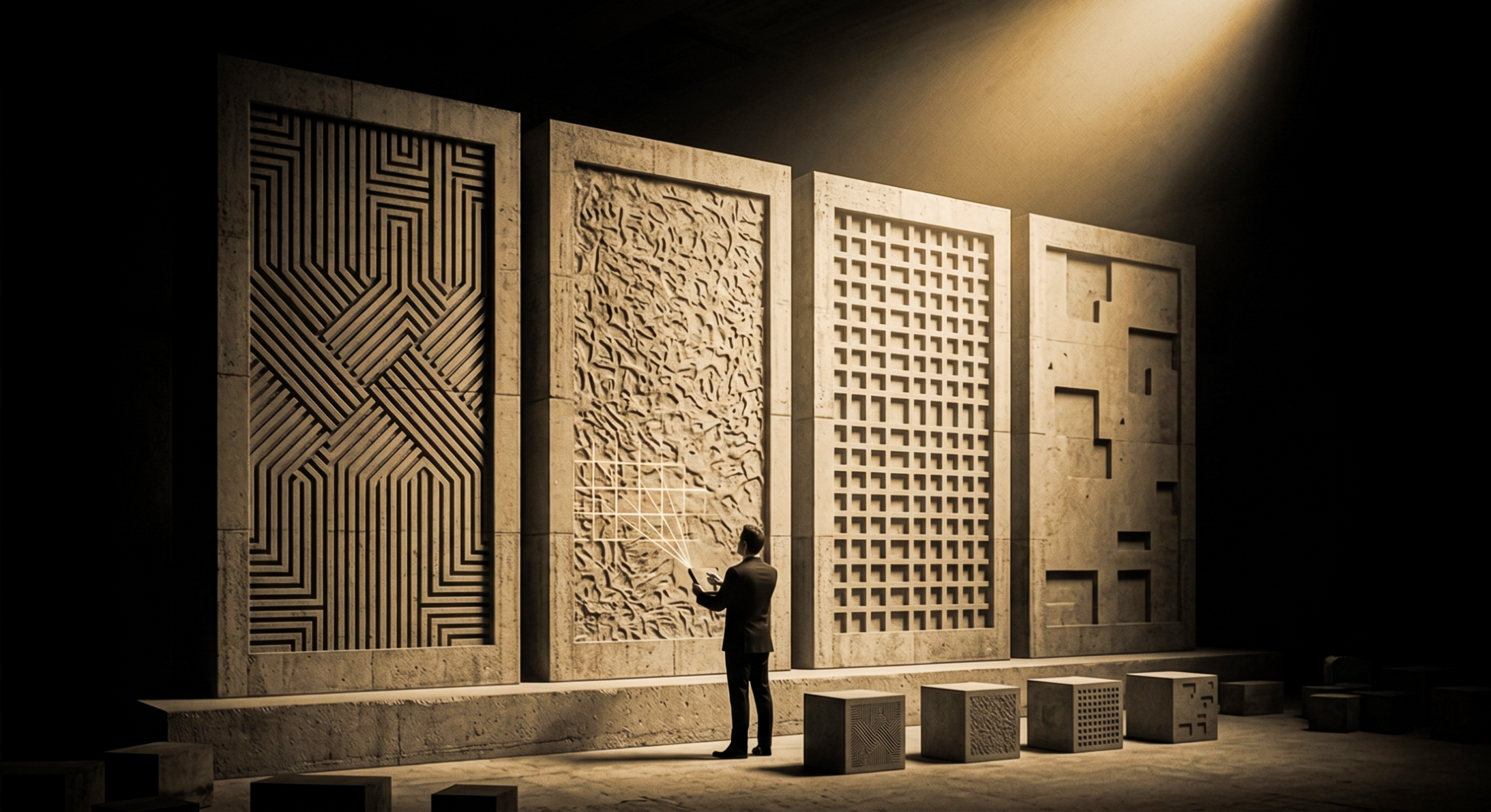 Brand strategist evaluating multiple visual identity systems across pattern, texture, grid and form to audit how consistently each design element communicates the brand's intended meaning.