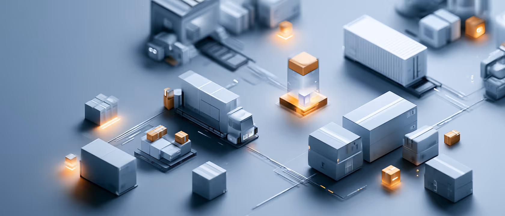 Modèle 3D d'un réseau logistique avec camions, conteneurs et paquets illuminés en orange.
