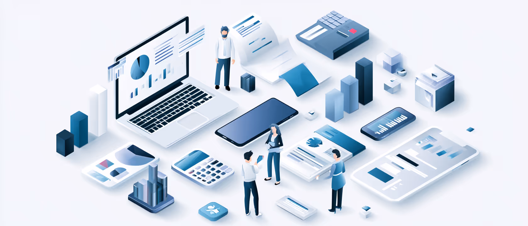 Illustration of business analytics with charts, graphs, devices, and people discussing data.