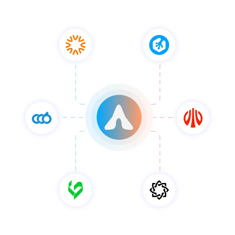 Central circular logo with a gradient blue and orange background connected by dotted lines to six smaller circular logos arranged in a hexagonal pattern.