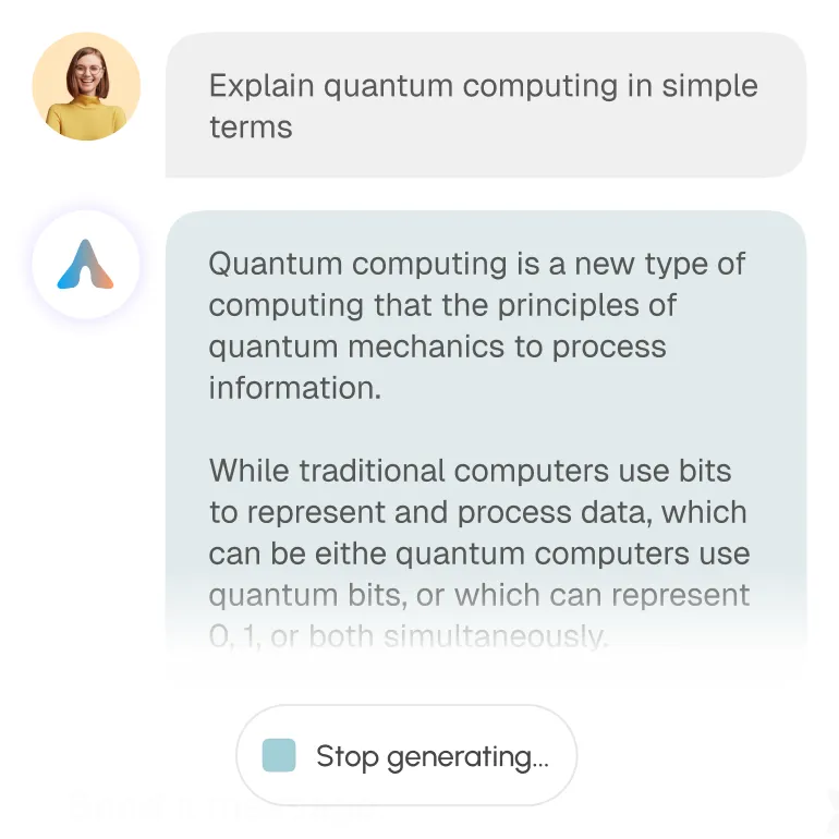 Chat interface showing a user asking to explain quantum computing in simple terms and an AI response explaining quantum computing as a new type of computing using principles of quantum mechanics and quantum bits.