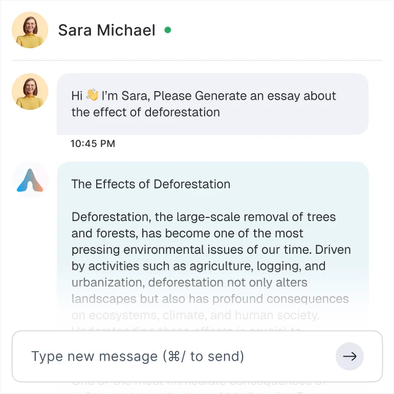 Chat interface showing Sara Michael requesting an essay about the effect of deforestation, followed by a response titled 'The Effects of Deforestation' explaining deforestation and its environmental impact.