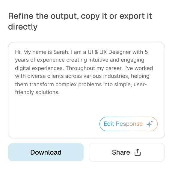 UI showing a refined text about a UI & UX designer named Sarah, with options to edit, download, or share the content.