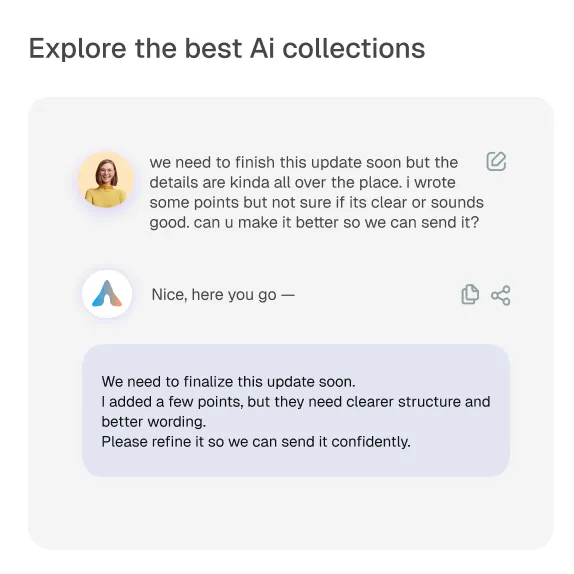 Chat interface showing a user message asking for help refining an update, followed by an AI reply improving clarity and wording of the text.