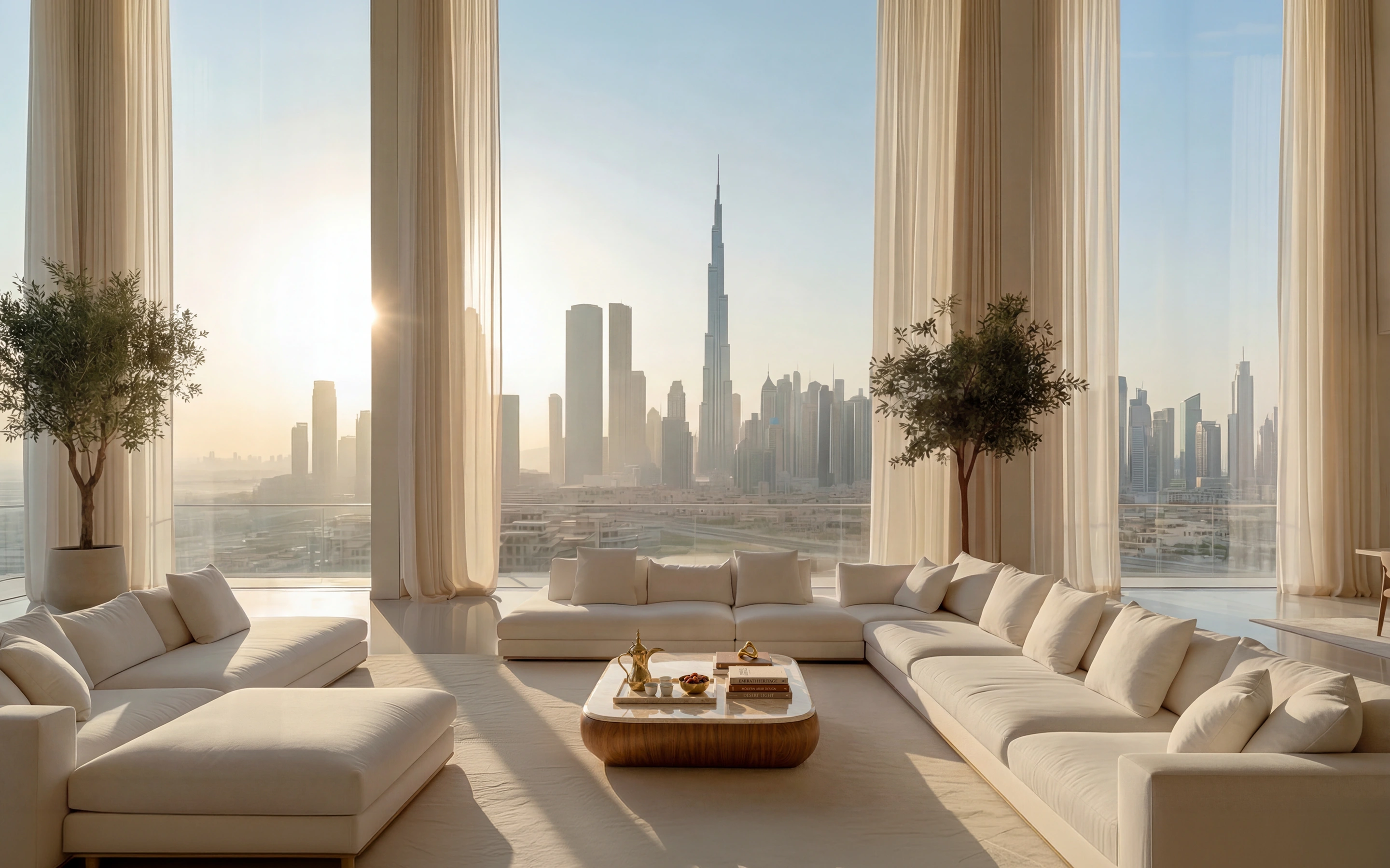 Modern living room with cream sofas, a wooden coffee table, two potted trees, and large windows overlooking the Dubai skyline with the Burj Khalifa at sunrise.