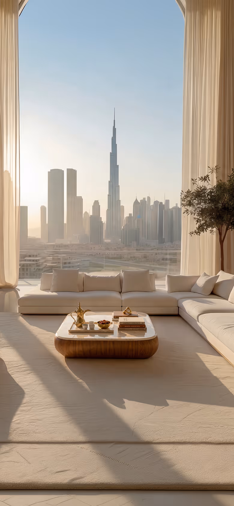 Spacious living room with beige sectional sofa and coffee table, overlooking Dubai skyline with Burj Khalifa in the background through large window with curtains.