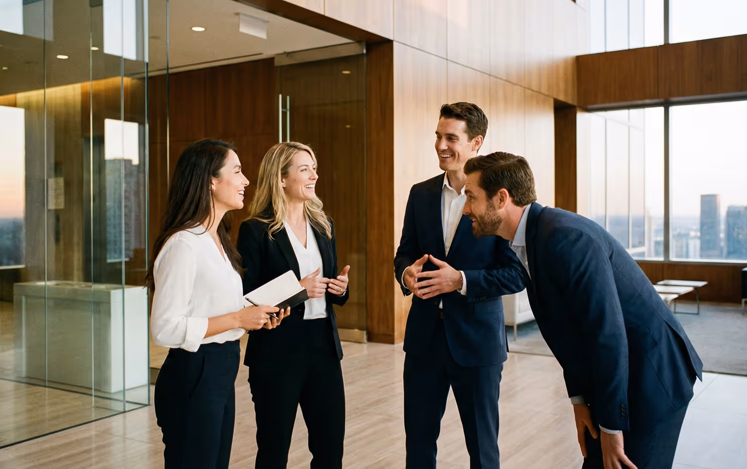 Quatre collègues habillés en tenue professionnelle riant et discutant dans un bureau moderne avec de grandes fenêtres.