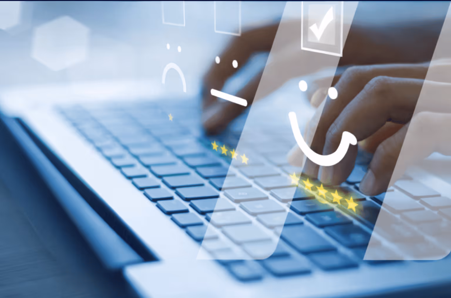 Hands typing on a computer keyboard with smiley icons and a check mark that indicates a positive five-star rating superimposed.