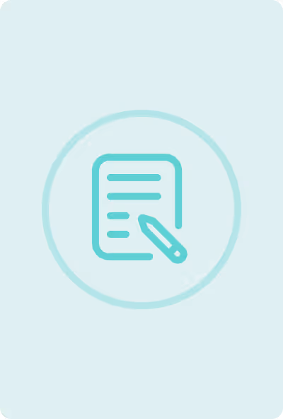 Turquoise icon of a document with text lines and a pencil, in a circle on a light blue background.