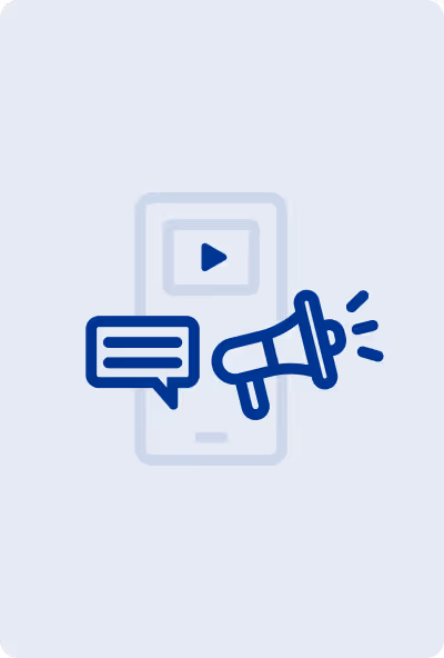 Icon of a megaphone and a speech bubble in front of a smartphone with a video on the screen, symbolizing communication and digital marketing.