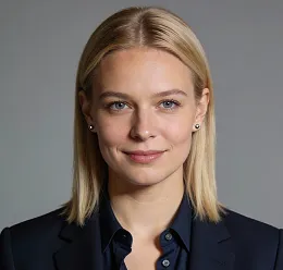 Portrait of a confident blonde woman with blue eyes wearing a dark blazer against a gray background.